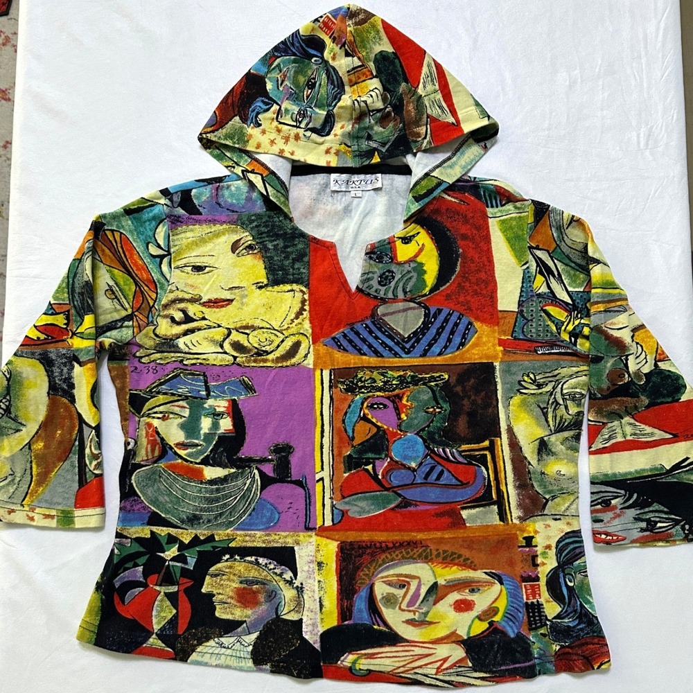 Kaktus Picasso Art Print Hooded Tee L Beaded Artsy Avant Garde Boho 90s Eclectic